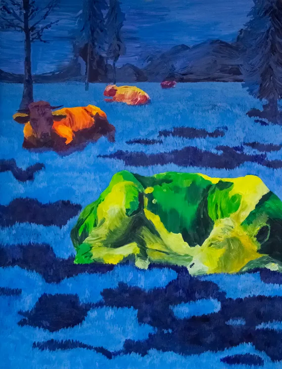 Kühe auf blauer Wiese, gemalt