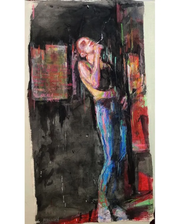 Aquarelle, Acryl, Lack und Pastellkreide auf Leinen  158x79cm