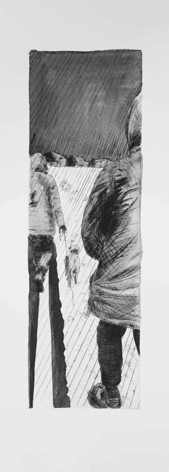 Spaziergang mit Hund auf dem Land bei Regen