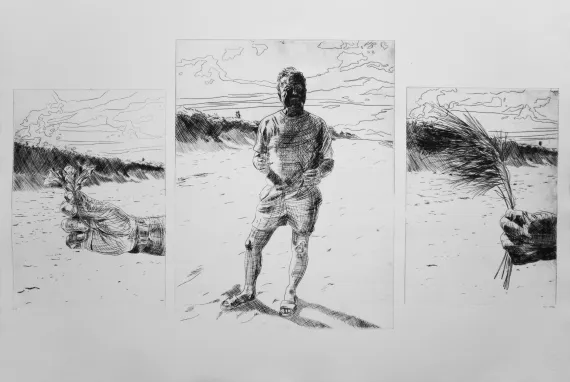 Triptychon, Papa am Strand mit Blume und Getreide