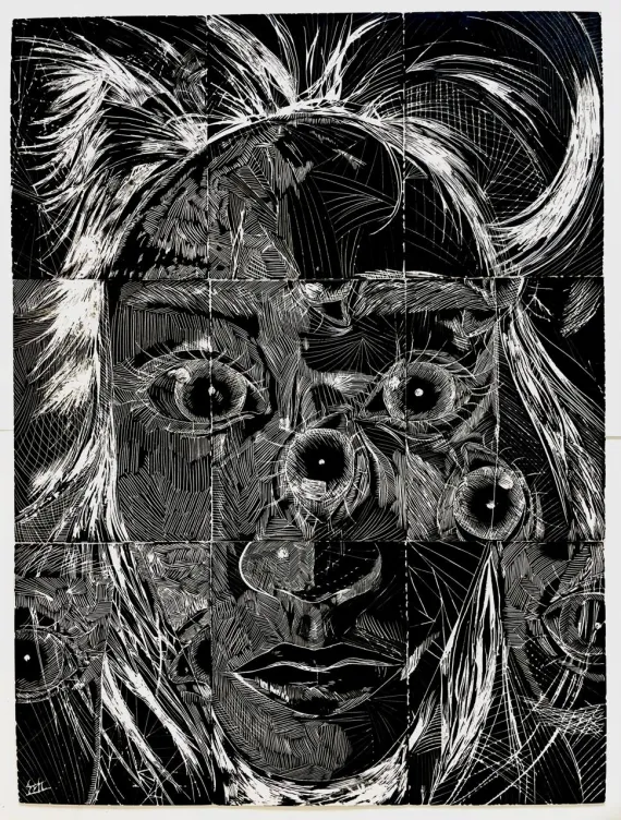 Sgraffito on cardboard, 60 x 45 cm, 2024