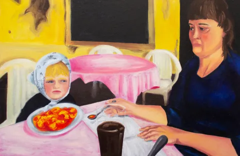 Selbstporträt als Kind mit meiner Mama beim Essen in Venedig