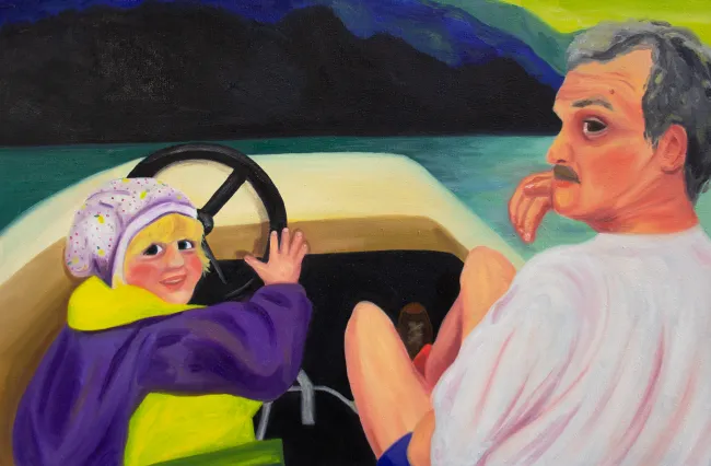 Malerei, ich als Kind mit meinem Vater auf einem Boot