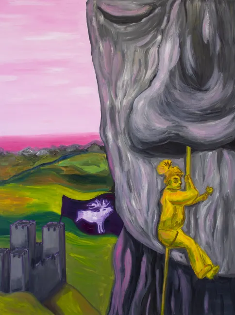 Ein gelber Mann hängt an einem Seil aus der Nase eines Berges, im Hintergrund eine epische Landschaft inklusive rosa Himmel Burg, an deren Turm eine Fahne mit einem röhrenden Hirsch hängt